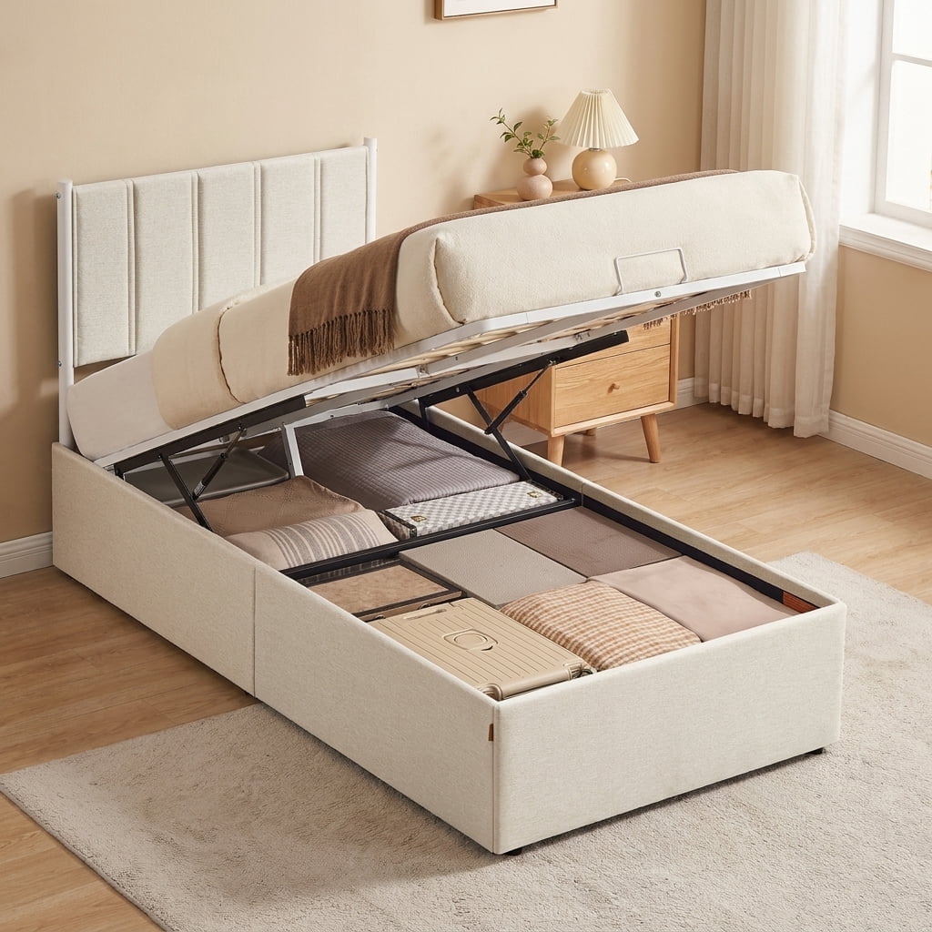 LEDREM Twin Size Hydraulic Lift-Up Storage Bed Frame with Upholstered ...