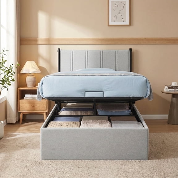 LEDREM Twin Size Hydraulic Lift-Up Storage Bed Frame with Upholstered Headboard, 12.5-Inch Underbed Space, Supports 550 lbs, Dove Gray