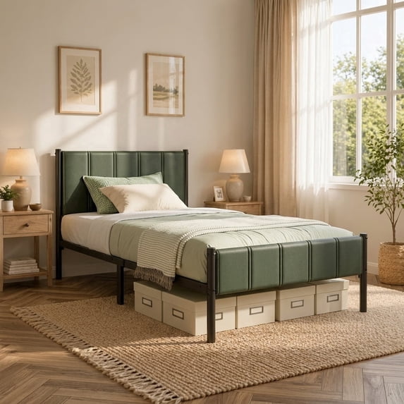 LEDREM Twin Size Metal Bed Frame with Upholstered Headboard and Footboard, 12.4-Inch Underbed Clearance, 550 lb Capacity, Easy Assembly, Forest Green