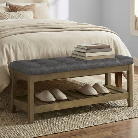 LEDREM Upholstered End of Bed Bench with Storage Shelf, Solid Wood Frame Window Seat with Tufted Cushion, for Living Room, Bedroom, Slate Gray