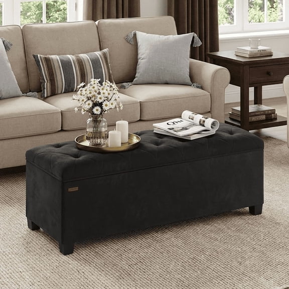LEDREM Velvet Storage Ottoman Bench with Removable Cover, 43-Inch Long Foot Rest Stool for Bedroom Living Room, Holds 660 lbs, Ink Black