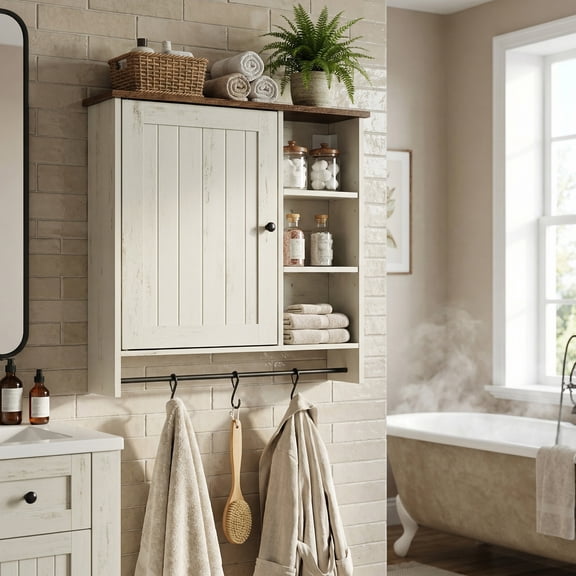 LEDREM Wall Cabinet with Toolless Assembly, Farmhouse Medicine Cabinet with Adjustable Shelves & Hooks, for Bathroom, Kitchen, 23.6 x 23.6 x 5.9 Inches, Rustic White and Honey Brown