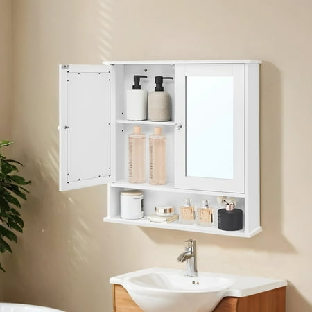 LEDREM Wall-Mounted Bathroom Cabinet with 2 Mirrored Doors, Adjustable Shelf and Open Storage, Modern Medicine Cabinet for Bathroom Organization, White