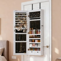 LEDREM Wall-Mounted Jewelry Cabinet with LED Lights and Full-Length Mirror, 42.5 Inch Jewelry Armoire Organizer with Multiple Storage, White