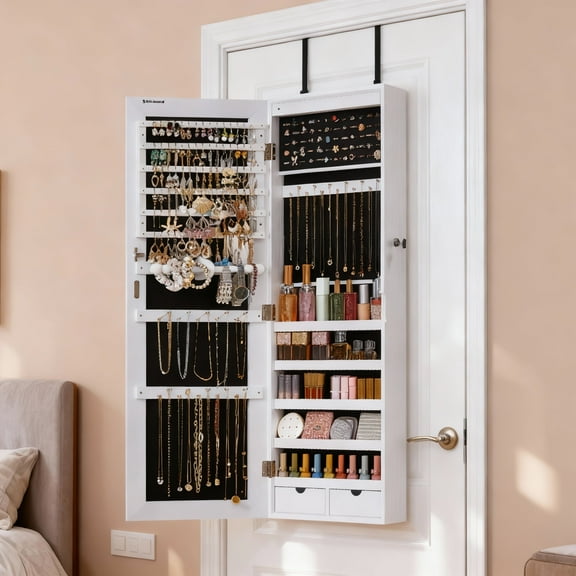 LEDREM Wall-Mounted Jewelry Cabinet with LED Lights and Full-Length Mirror, 42.5 Inch Jewelry Armoire Organizer with Multiple Storage, White