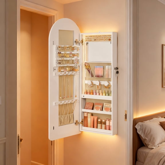 LEDREM Wall-Mounted LED Jewelry Cabinet with Arched Mirror, Lockable Storage Organizer, Interior Vanity Mirror, Space-Saving Design, Cloud White