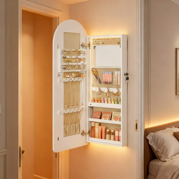 LEDREM Wall-Mounted LED Jewelry Cabinet with Arched Mirror, Lockable Storage Organizer, Interior Vanity Mirror, Space-Saving Design, Cloud White