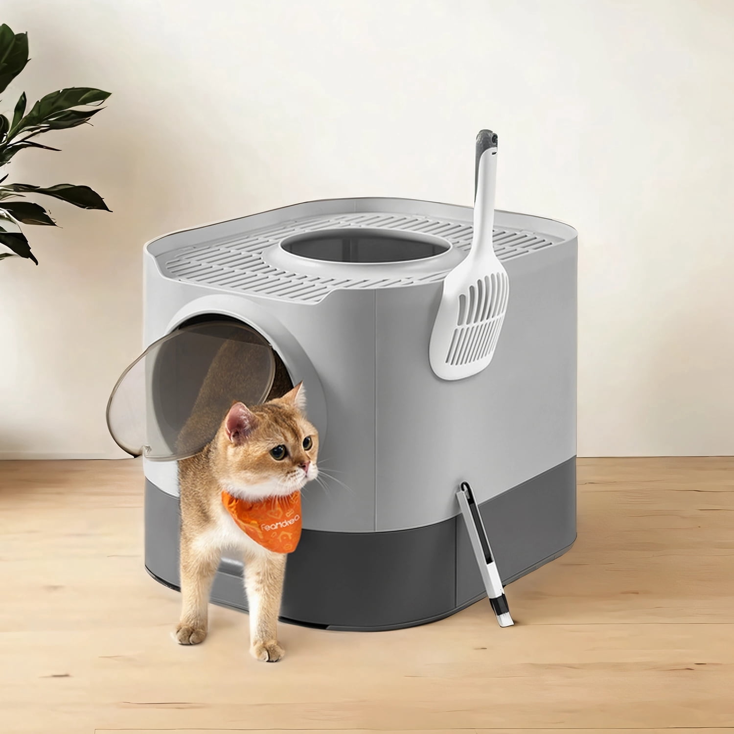 LEDREM XL Enclosed Cat Litter Box with Slide-Out Tray, Anti-Tracking Top Grate & Adjustable Door, Includes Scoop & Brush, Dove Gray and Slate Gray