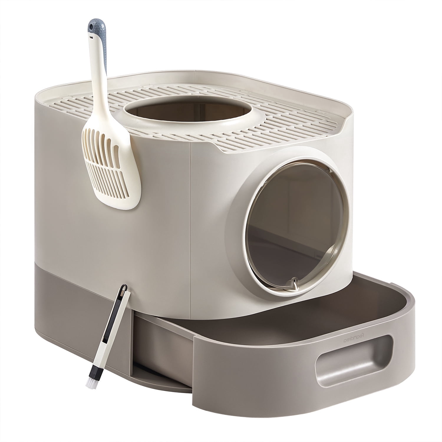 LEDREM XL Enclosed Cat Litter Box with Slide-Out Tray, Anti-Tracking Top Grate & Adjustable Door, Includes Scoop & Brush, Oatmeal and Warm Gray