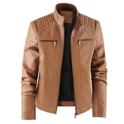 LEDUNTINO Mens Leather Jacket, Stand Collar PU Faux Leather, Zip-Up Motorcycle Bomber Jacket, Slim Fit Biker Coat