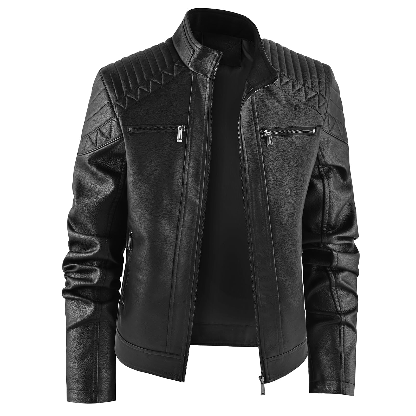 LEDUNTINO Men's Leather Jacket, Stand Collar PU Faux Leather, Zip-Up Motorcycle Bomber Jacket, Slim Fit Biker Coat