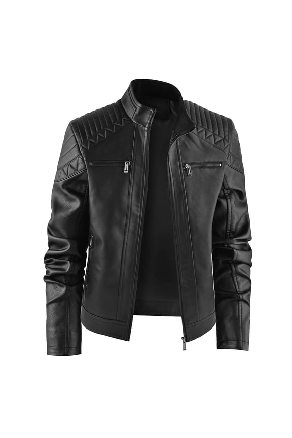 Men's Leather Jacket, Stand Collar PU Faux Leather, Zip-Up Motorcycle Bomber Jacket, Slim Fit Biker Coat