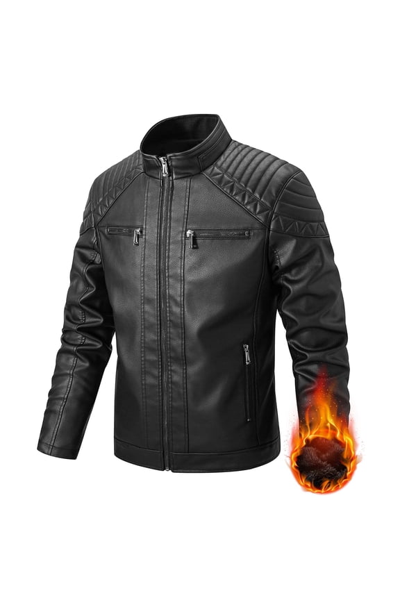 Men's Stand Collar Winter PU Faux Leather Fleece Lined Zip-Up Motorcycle Bomber Jacket Slim Fit Biker Coat