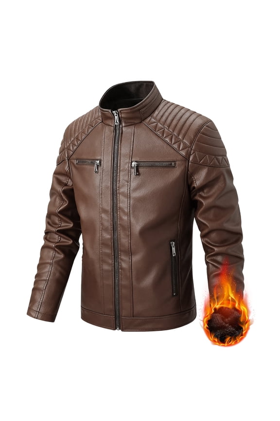 Men's Stand Collar Winter PU Faux Leather Fleece Lined Zip-Up Motorcycle Bomber Jacket Slim Fit Biker Coat