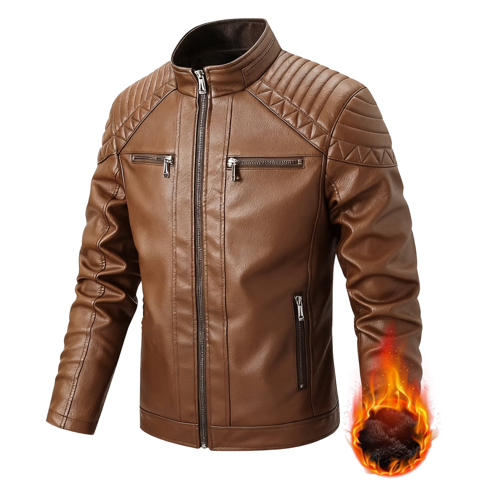 LEDUNTINO Men's Stand Collar Winter PU Faux Leather Fleece Lined Zip-Up Motorcycle Bomber Jacket Slim Fit Biker Coat