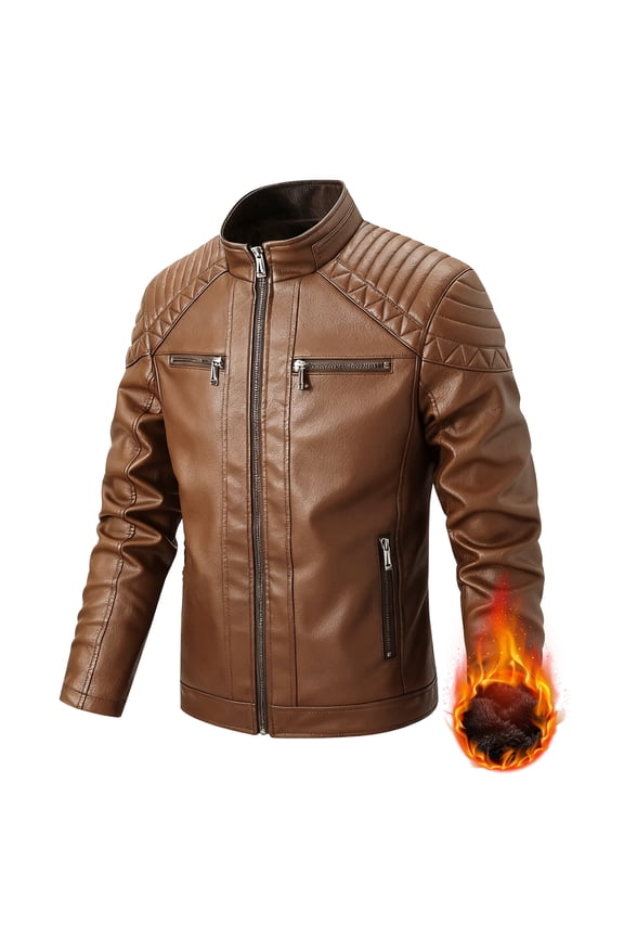 Men's Stand Collar Winter PU Faux Leather Fleece Lined Zip-Up Motorcycle Bomber Jacket Slim Fit Biker Coat