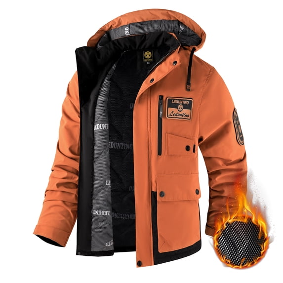 LEDUNTINO Men's Winter Jacket With Hood Water-Resistant Casual Coat Composite Fleece-Lined Outdoor Apparel For Cold Weather