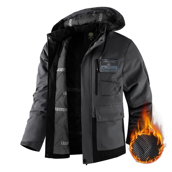 LEDUNTINO Men's Winter Jacket With Hood Water-Resistant Casual Coat Composite Fleece-Lined Outdoor Apparel For Cold Weather
