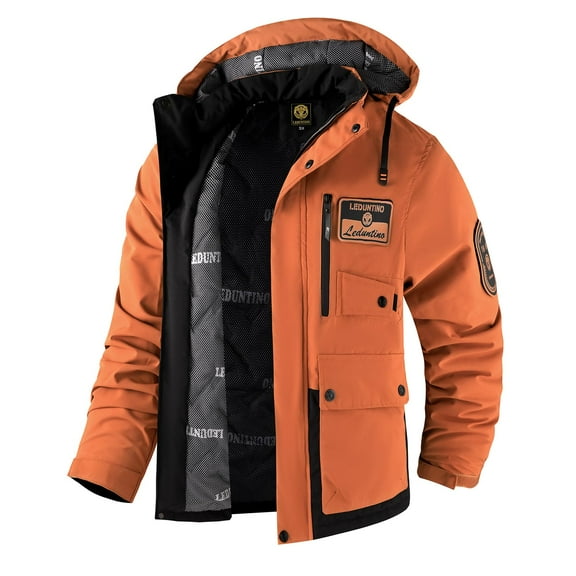LEDUNTINO Men's Winter Jacket With Hood Water-Resistant Casual Coat Composite Fleece-Lined Outdoor Apparel For Cold Weather