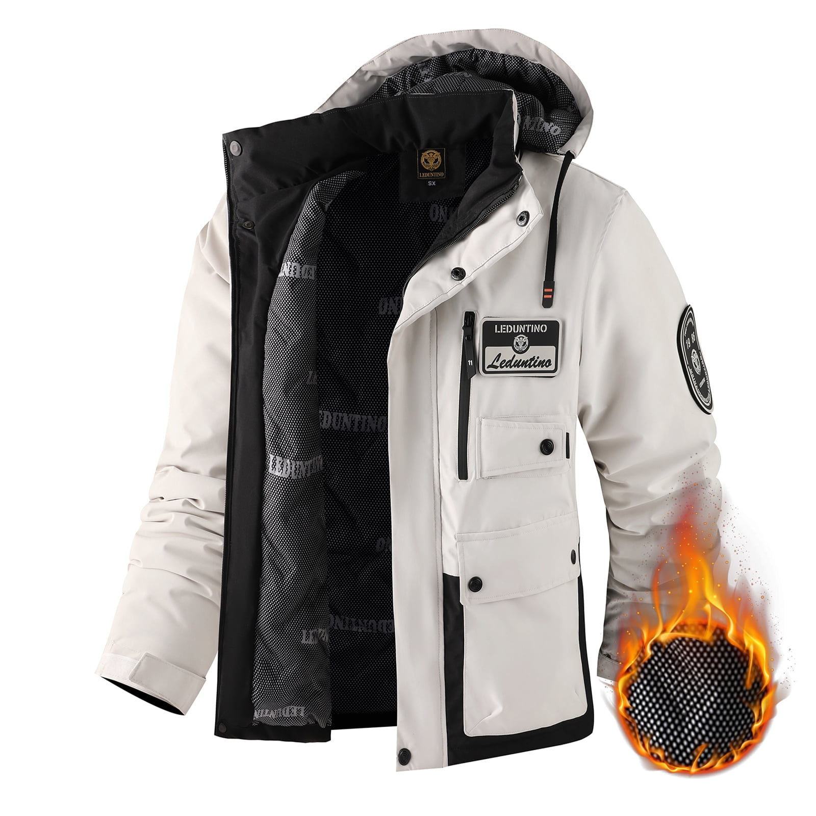 LEDUNTINO Men's Winter Jacket With Hood Water-Resistant Casual Coat Composite Fleece-Lined Outdoor Apparel For Cold Weather
