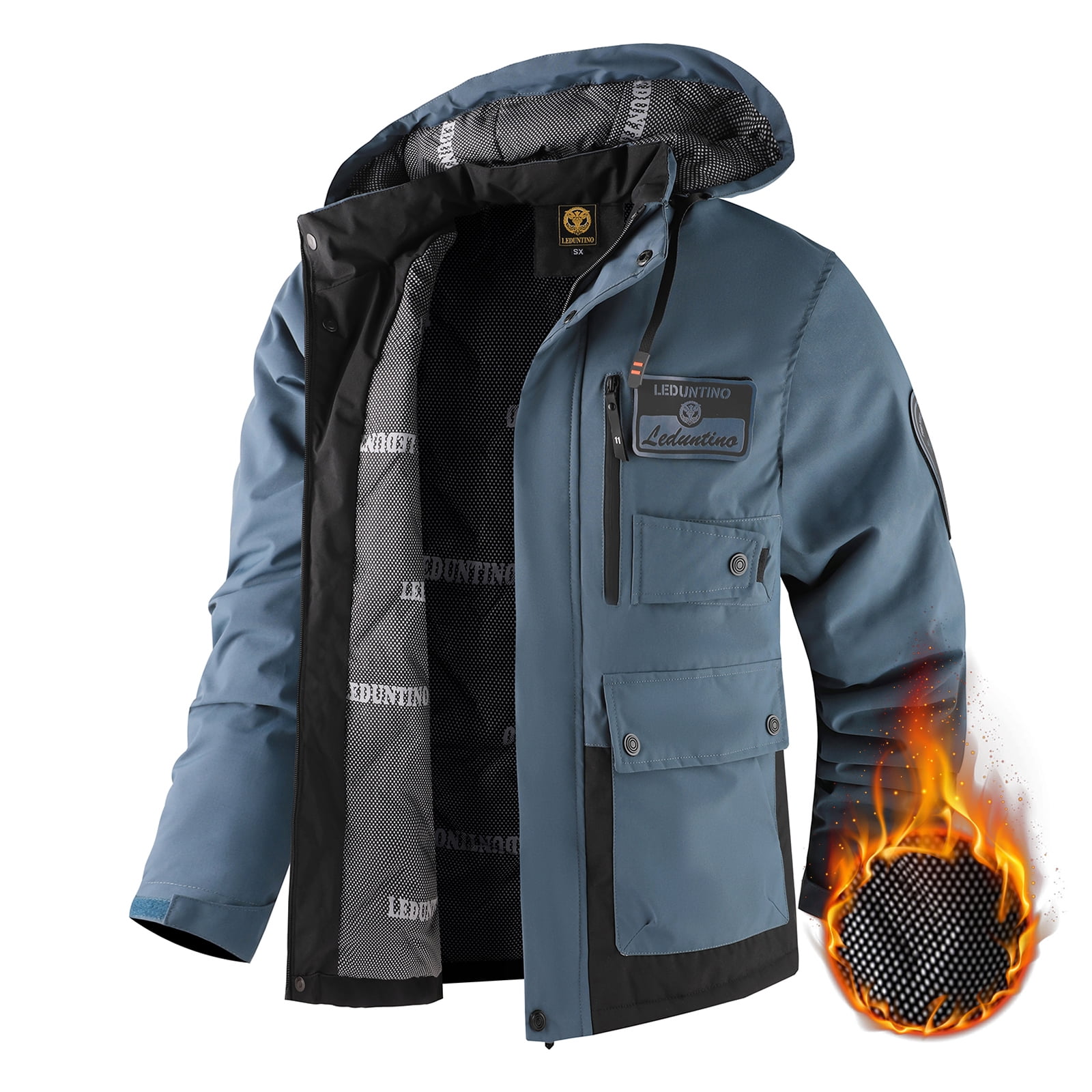 LEDUNTINO Men's Winter Jacket With Hood Water-Resistant Casual Coat Composite Fleece-Lined Outdoor Apparel For Cold Weather