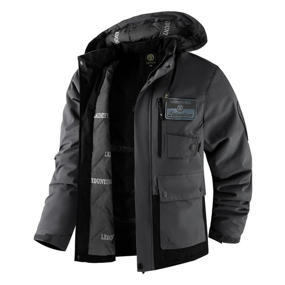 LEDUNTINO Men's Winter Jacket With Hood Water-Resistant Casual Coat Composite Fleece-Lined Outdoor Apparel For Cold Weather