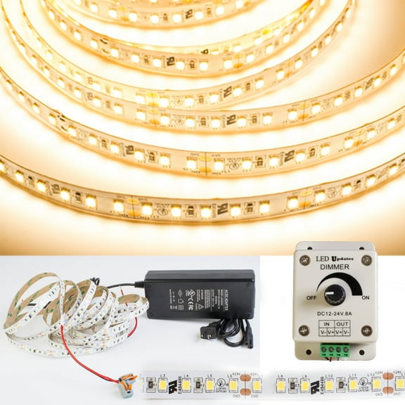 LEDUPDATES 95 CRI LED STRIP Light 600 LED chip per roll Highest Brightness 2835 LED chip 3000K Warm white + Dimmer + 24v UL Listed Power Supply