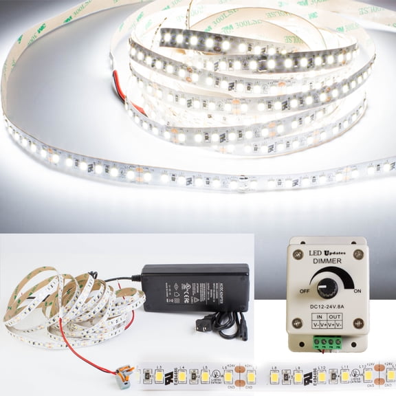 LEDUPDATES 95 CRI LED STRIP Light 600 LED chip per roll Highest Brightness 2835 LED chip 6000K Pure white + Dimmer + 24v UL Listed Power Supply