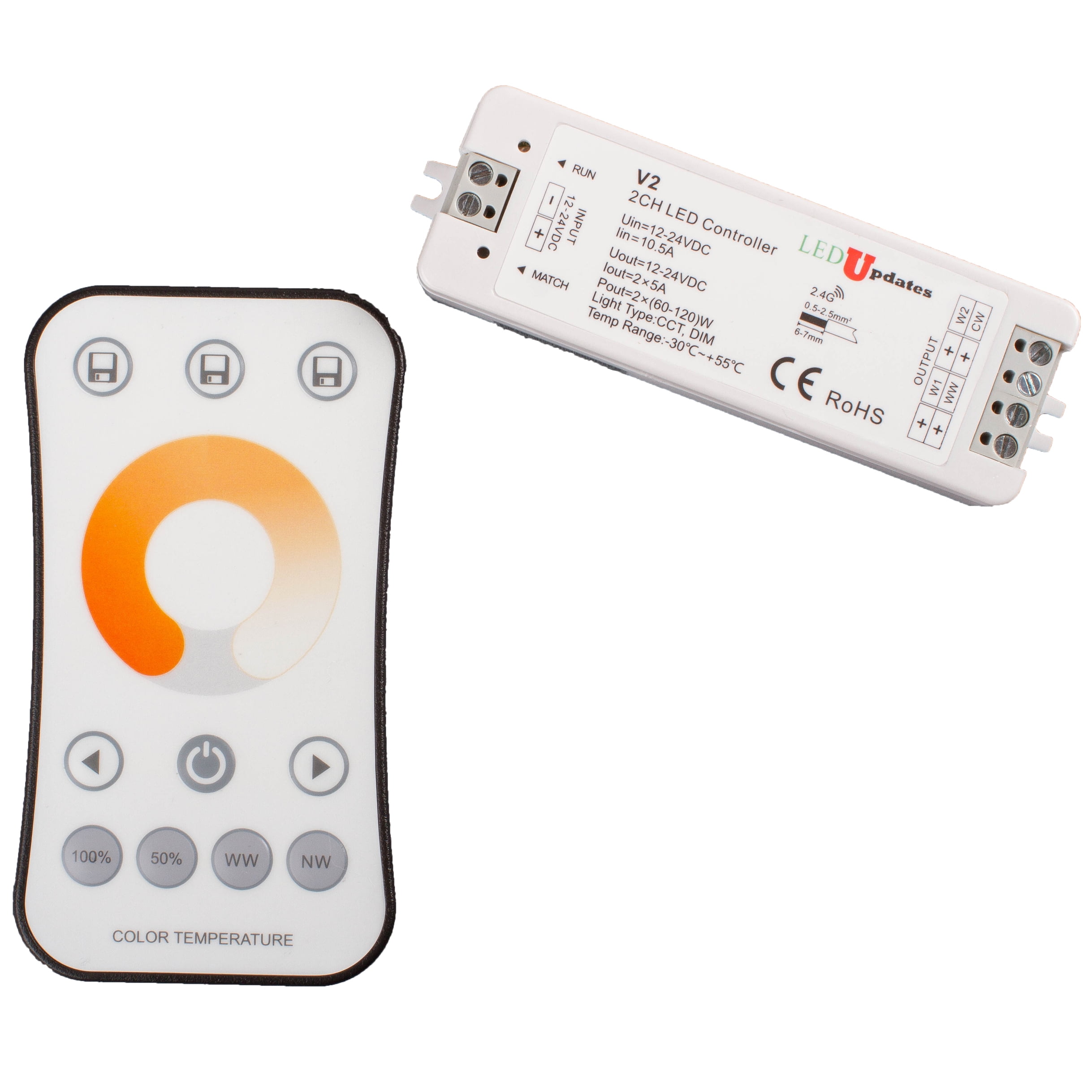 LEDUPDATES Warm White to Cool White LED Strip Light Dual White Controller with remote for Dual Color Temperature Changing 2700K to 6500K LED Strip Light 12v 24v CCT Controller