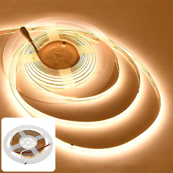 LEDwholesalers 12V 50W COB High-Output 90-CRI 16.4-ft Flexible Ribbon 2400-LED Strip Light with Dot-Free Uniform Glow, Warm-White 3000K, 20118WW-30K