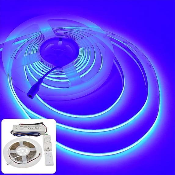 LEDwholesalers 12V 50W COB High-Output 90-CRI Dot-Free Uniform Glow 16.4-ft Flexible Ribbon 2400-LED Strip Light Kit with Power Supply and DC Dimmer, Blue, 20118BU+DCP