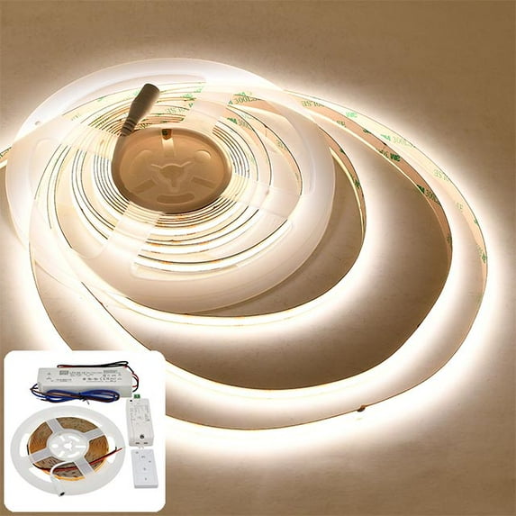 LEDwholesalers 12V 50W COB High-Output 90-CRI Dot-Free Uniform Glow 16.4-ft Flexible Ribbon 2400-LED Strip Light Kit with Power Supply and DC Dimmer, Neutral-White 4000K, 20118NW+DCP
