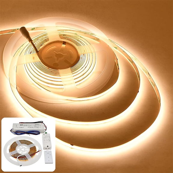 LEDwholesalers 12V 50W COB High-Output 90-CRI Dot-Free Uniform Glow 16.4-ft Flexible Ribbon 2400-LED Strip Light Kit with Power Supply and DC Dimmer, Warm-White 3000K, 20118WW-30K+DCP
