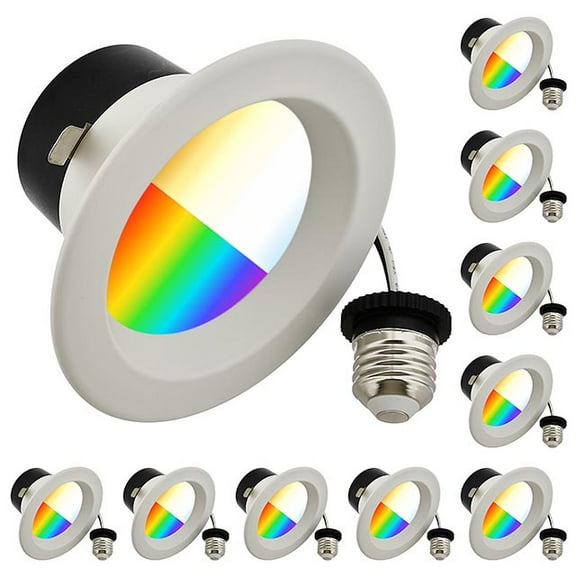 LEDwholesalers 4" Recessed 10W RGB+CCT Smart LED Downlight Wi-Fi Color-Changing and 2700-5000K Color-Temperature in White Trim (10-Pack), 2229RGB-CCTx10