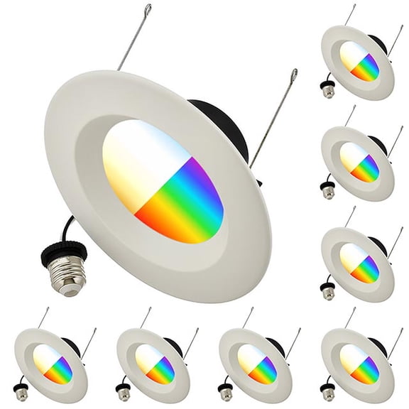 LEDwholesalers 6" Recessed 15W RGB+CCT Smart LED Downlight Wi-Fi Color-Changing and 2700-5000K Color-Temperature in White Trim (8-Pack), 2230RGB-CCTx8