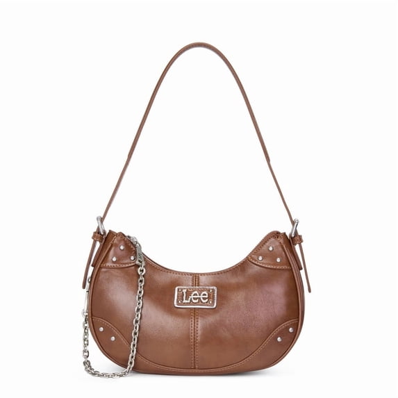 Lee Vintage Hobo Handbag for Women Cute Small Ladies Shoulder Bag with Decorative Metal Chain, Brown