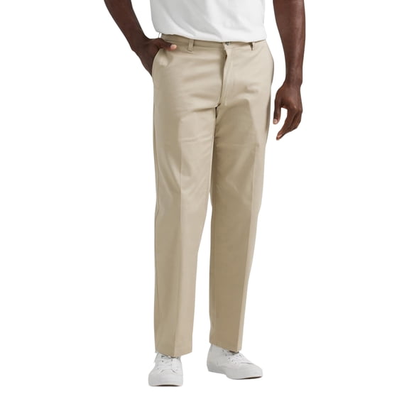 Lee Men's Total Freedom Stretch Relaxed Fit Flat Front Pant, Sand, 42W x 32L