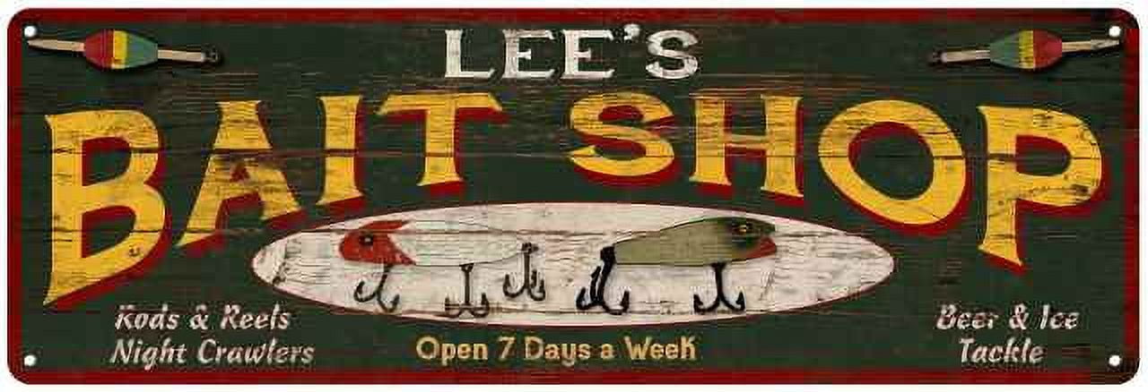 LEE'S Bait Shop Sign Wood Look Man Cave Den Gift 6x18 Metal 206180024126