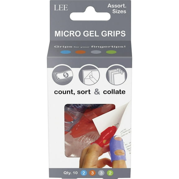 LEE Tippi Micro-Gel Fingertip Grips, Assorted Sizes (2-blue size 3, 3-red size 5, 3-clear size 7, 2-green size 9) 10/pk. (61410)
