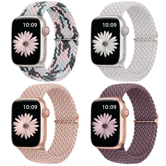 LEECHEE 4PCS Braided Solo Loop Compatible with Watch Band 38mm 40mm 41mm 42mm 44mm 45mm 46mm 49mm for Women Men, Stretchy Soft Nylon Strap for Watch Series 10 9 8 7 6 5 4 3 2 1 SE Ultra/Ultra