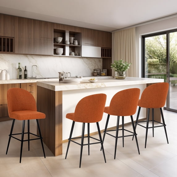 LEEJAY 30 inch Orange Counter Height Bar Stools Set of 4 ,Modern Linen Bar Chairs with Back for Kitchen Island Dining Room