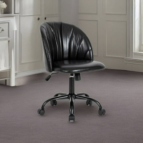 LEEJAY Black Faux Leather Swivel Office Chair,Armless Adjustable Desk Chair for Bedroom