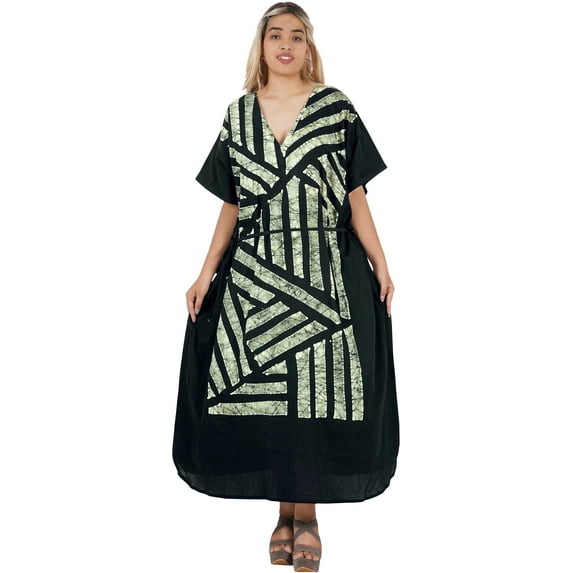 LEELA Women's Summer Elegant Maxi Kaftan Dress Caftan Loungewear Dashiki House Dresses for Women 3X-4X Black, Stripes