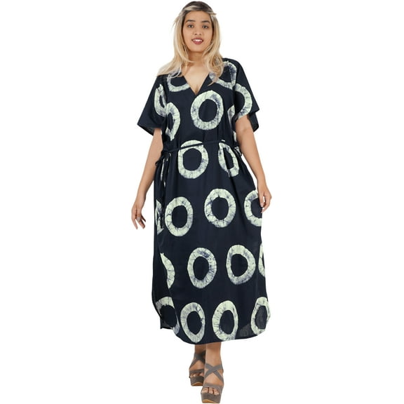 LEELA Women's Summer Maxi Nightdress Cover Up Gown Caftan Loungewear Dashiki House Dresses for Women 3X-4X Navy, Polka Dots