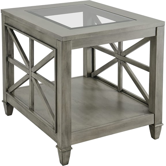 LEEMTORIG Gray Wash Solid Wood Glass End Table Living Room, Modern Farmhouse Large Side Table with Storage, Rustic Glass End Table for Bedroom with Storage, 22.5"x27"x24", Grey Wash CJZ-1318-AN