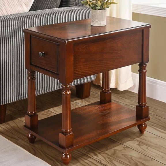 LEEMTORIG Narrow Nightstand with Drawer, No-Tools Assembly Wood End Tables Living Room Side Tables Bedroom, Mid-Century Modern 13"W Slim Narrow Bedside Table, 22"D x 22.3"H, Cherry Brown BBJ-004-DWA