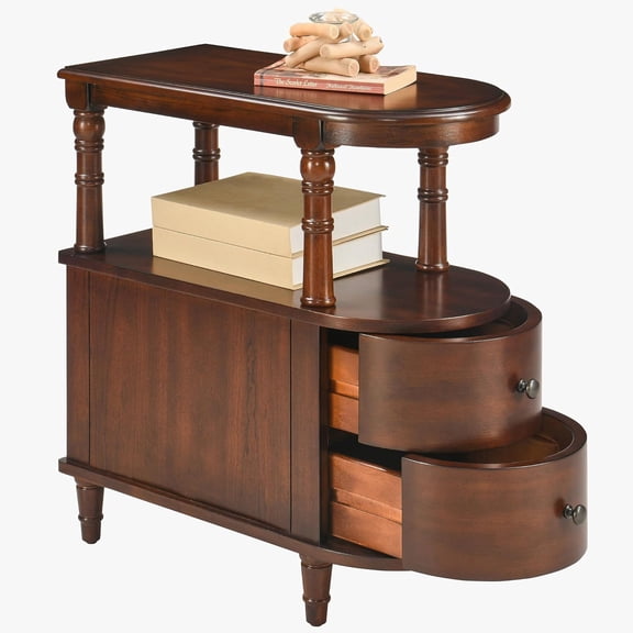 Hanyu Narrow Side Table with Drawers, Vintage Solid Cherry Wood End table Nightstand with Open Shelves, 2-Drawer Slim Chair Side Table for Bedroom Living Room Small