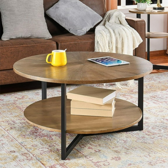 LEEMTORIG Round Coffee Tables for Living Room, 2 Tier Solid Wood Coffee Table with Storage, Circle Coffee Table with Black Metal Legs, 33.5 x 17.8 inches, Easy Assembly, Yellowish Brown, KFZ-1338