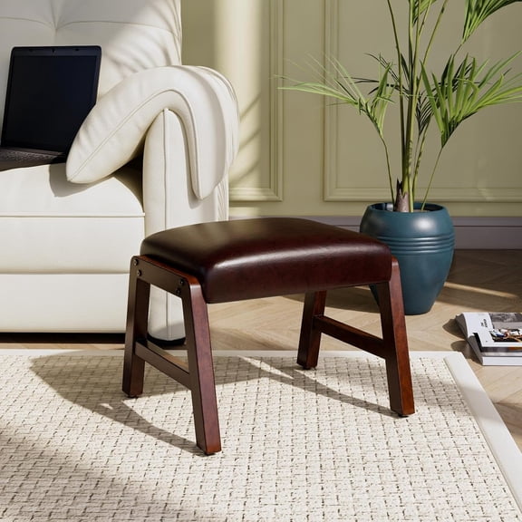 LEEMTORIG Small Foot Stool Ottoman for Entryway, Soft Footrest Ottoman with Wood Legs Under Desk, Solid Wood Foot Stool for Living Room, Bedroom and Kitchen, Faux Leather, Dark Wine Red JT-P2AD-WR