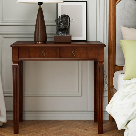 LEEMTORIG Traditional Solid Wood Writing Desk, Small Secretary Desk with 2 Drawers, Mahogany Desk Cherry Wood Writing Table for Home Office, 31.5" W French Provincial Desk, Cherry Walnut SSZ-D1258